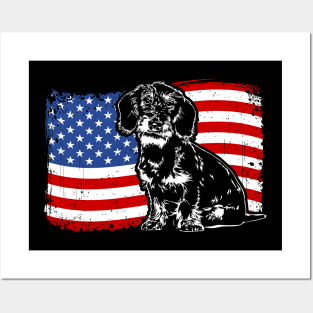 Proud Wire Haired Dachshund American Flag patriotic dog Posters and Art